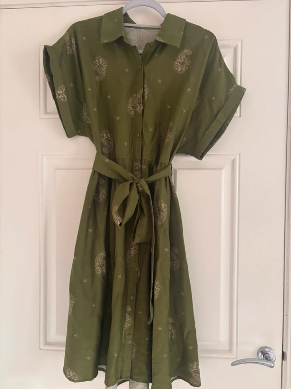 Button-Front Olive Midi Shirt Dress with Tie Waist